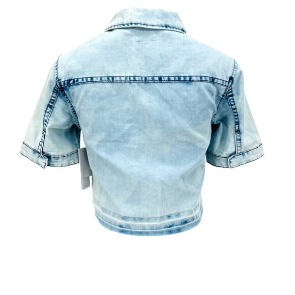 NEW HUDSON Girl Blue Crop Shirt Short Sleeve Raw Hem Snap Button Size Large - Picture 2 of 12